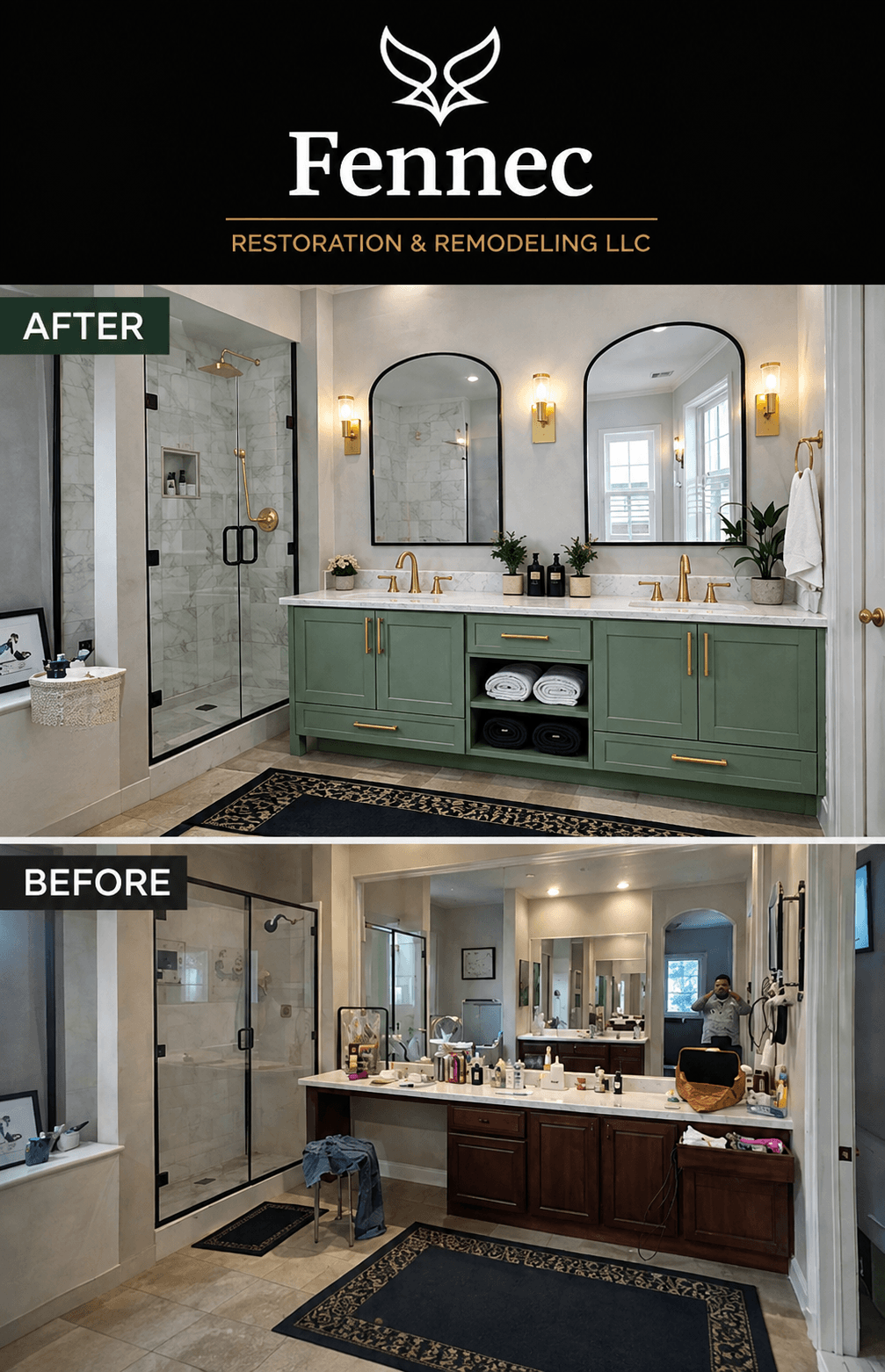 Before and after view of a bathroom vanity rebuilt by Fennec Restoration in the Phoenix Valley